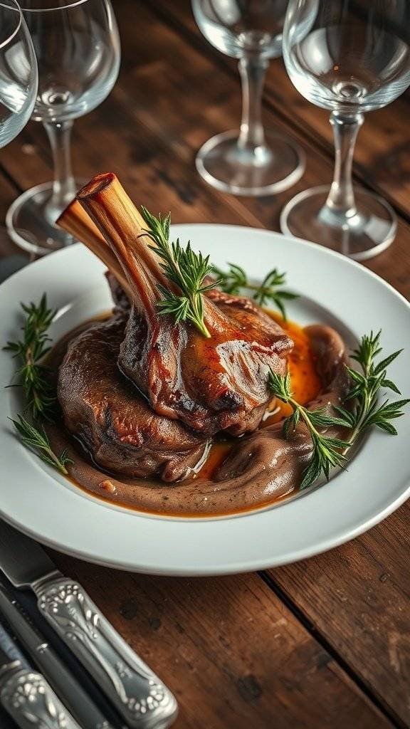 A beautifully plated herb-roasted lamb shank garnished with fresh herbs, served with a rich sauce.