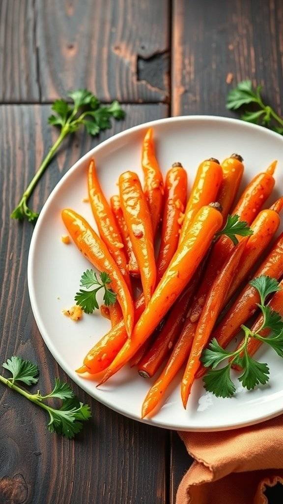 A plate of honey-glazed carrots garnished with fresh herbs