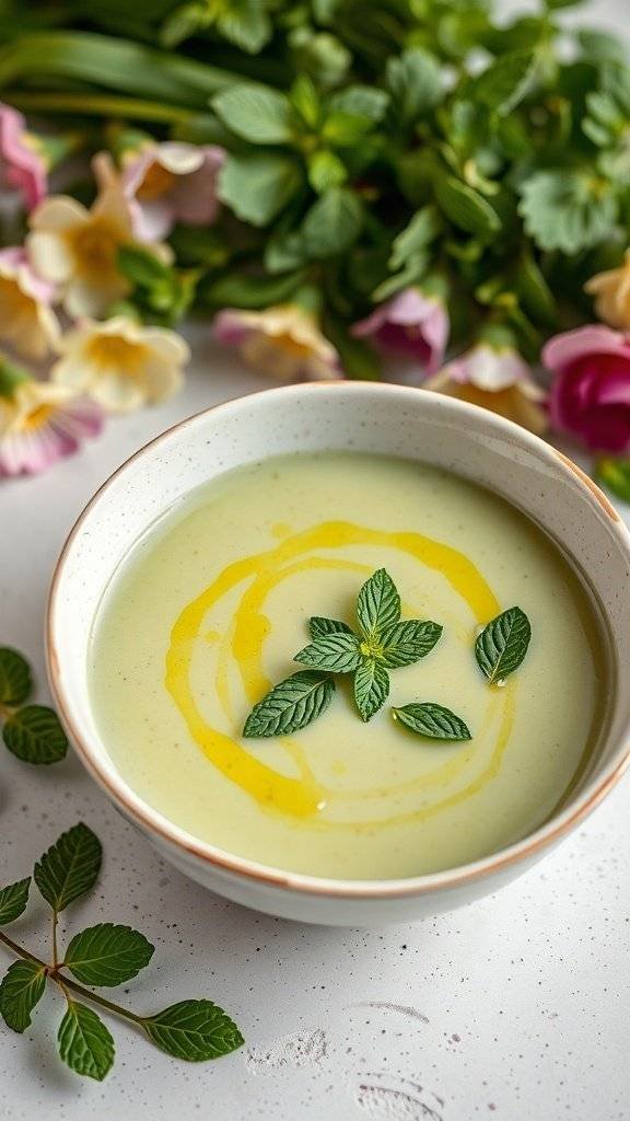 A bowl of vibrant green Spring Pea and Mint Soup garnished with mint leaves and olive oil, surrounded by fresh mint and flowers.