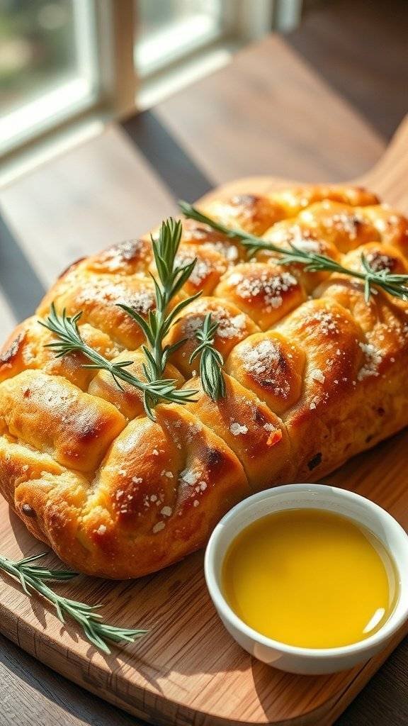 A rustic rosemary focaccia bread on a wooden board with olive oil for dipping.