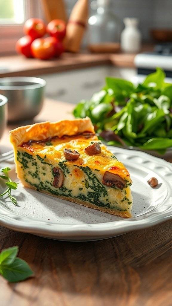 A slice of mushroom and spinach quiche on a plate, with fresh greens in the background.