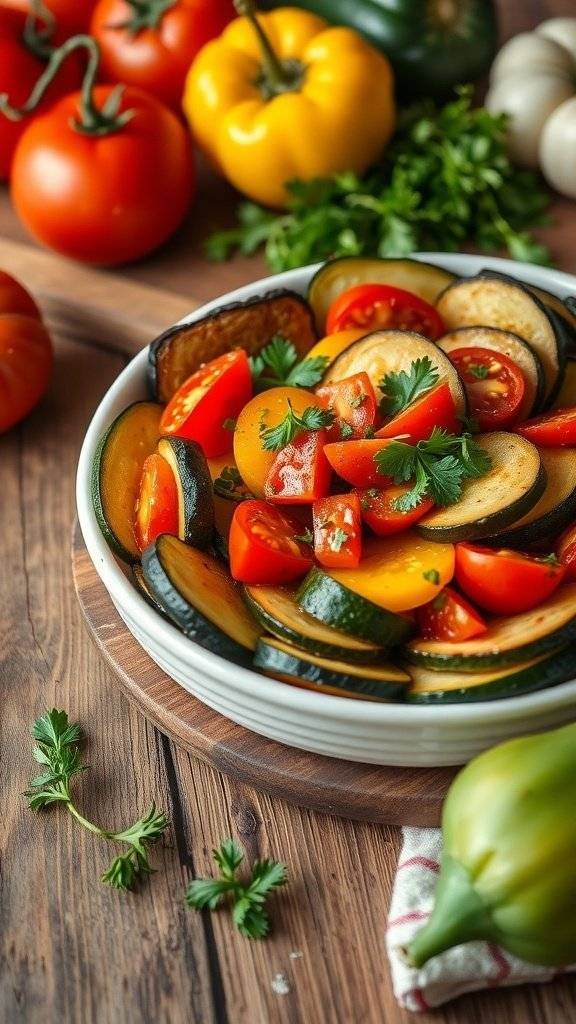 A bowl of colorful ratatouille with fresh vegetables and herbs, surrounded by more vegetables.