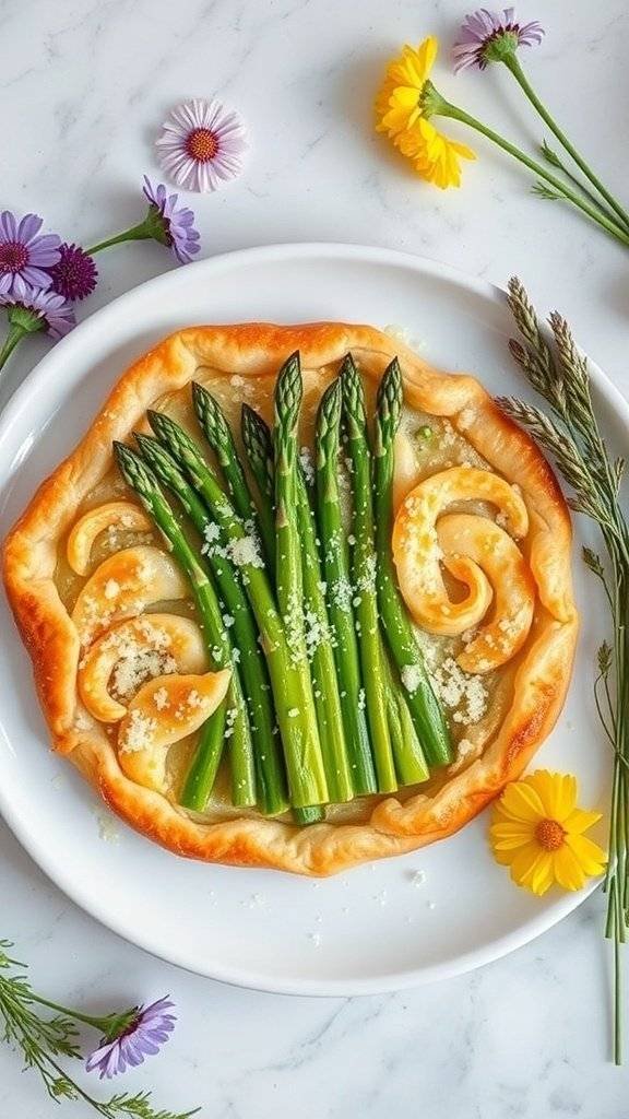 A beautifully arranged asparagus tart with a golden crust, garnished with flowers.