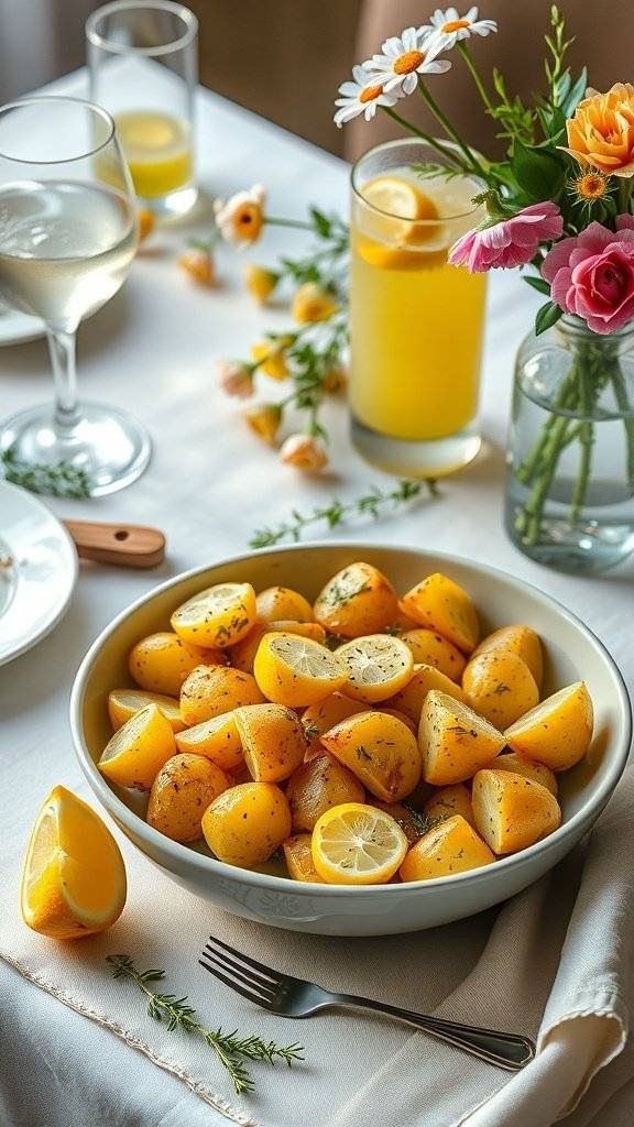 A bowl of lemon and thyme roasted potatoes served on a festive table with flowers and drinks.