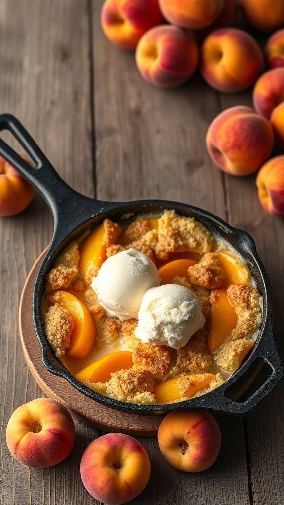 A delicious peach cobbler served in a cast iron skillet with two scoops of ice cream on top, surrounded by fresh peaches.