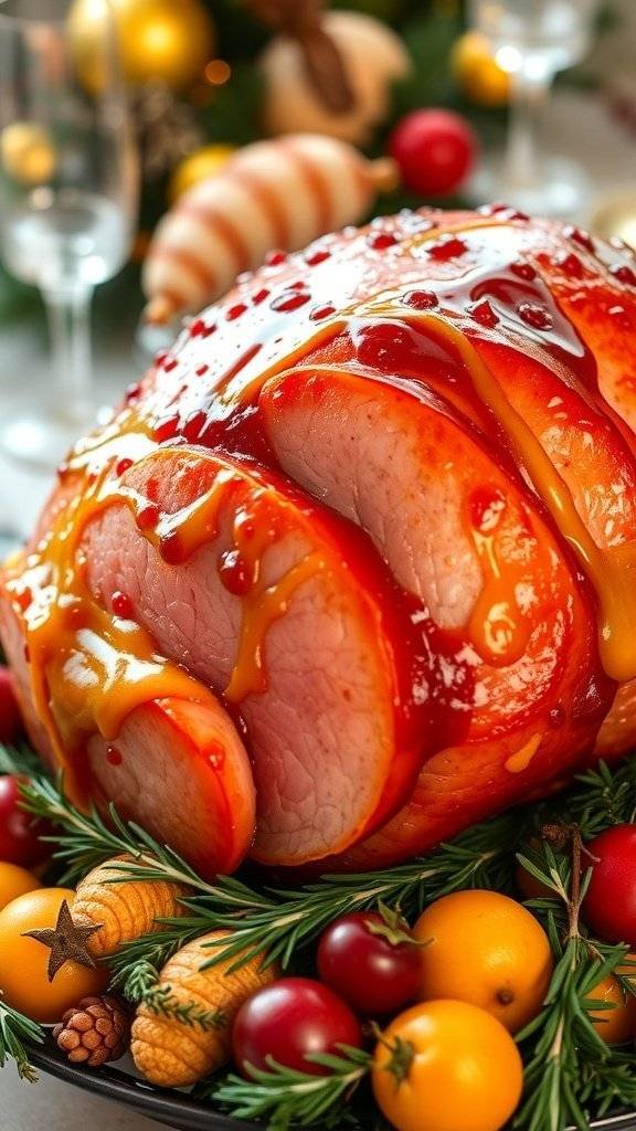 A beautifully glazed baked ham with lemon slices and herbs, perfect for Easter.