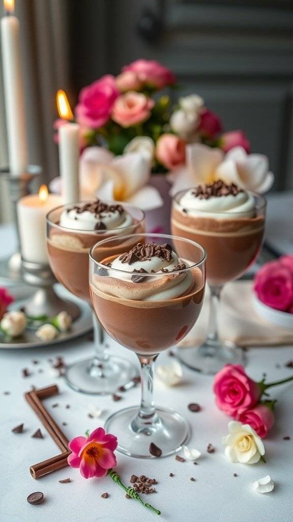 Luxurious chocolate mousse served in elegant glasses, topped with whipped cream and chocolate shavings, surrounded by flowers.