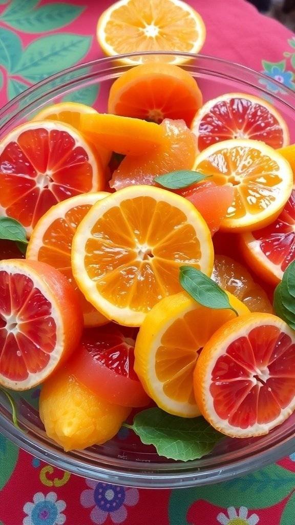 A vibrant bowl of citrus salad with orange and blood orange slices garnished with fresh basil.