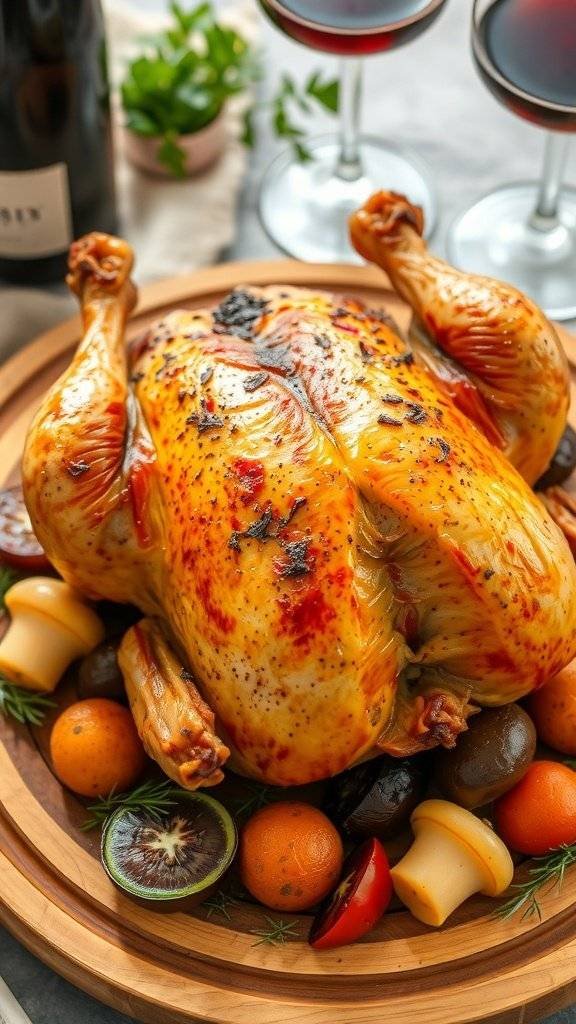 A beautifully roasted chicken surrounded by vegetables, perfect for an Easter dinner.