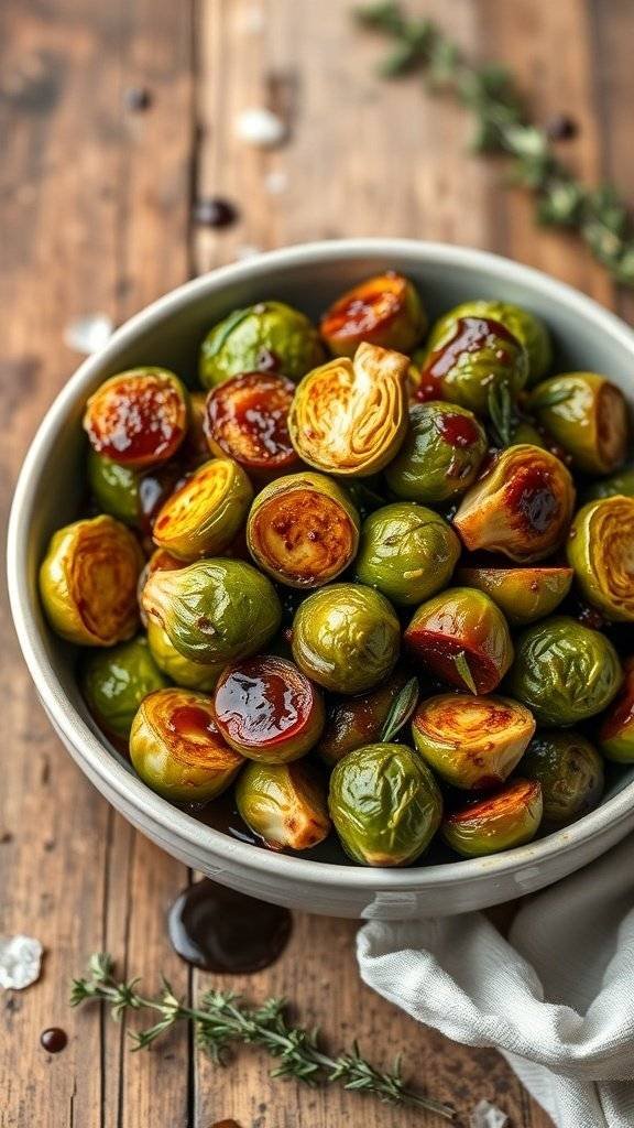 A bowl of honey-balsamic Brussels sprouts, beautifully roasted and glistening with a rich glaze.
