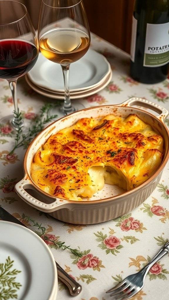 A rich and creamy potato gratin in a baking dish, surrounded by wine glasses and a floral tablecloth.