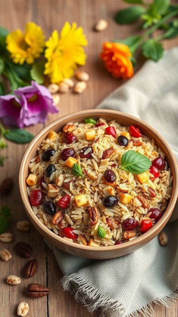 A bowl of gourmet wild rice pilaf with nuts and dried fruits, surrounded by colorful flowers.