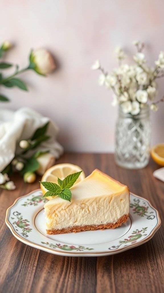 A slice of fluffy lemon cheesecake garnished with mint leaves on a decorative plate, with flowers and lemon slices in the background.