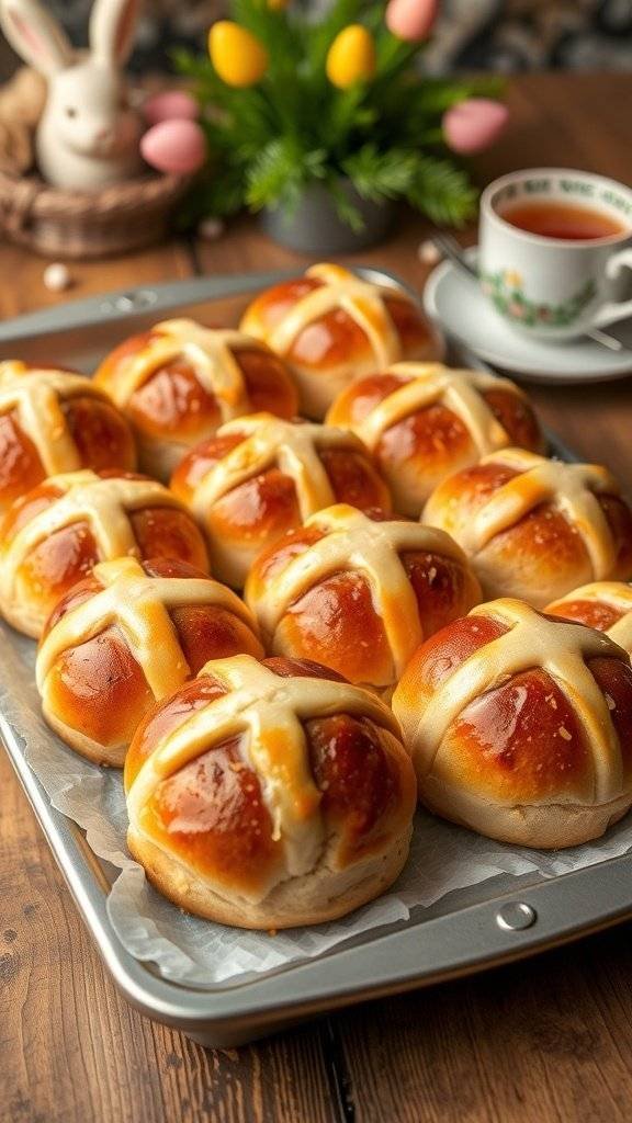 A tray of freshly baked hot cross buns with a sweet glaze, perfect for Easter dinner.