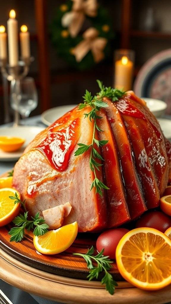 A beautifully glazed ham decorated with herbs and orange slices, ready for an Easter feast.
