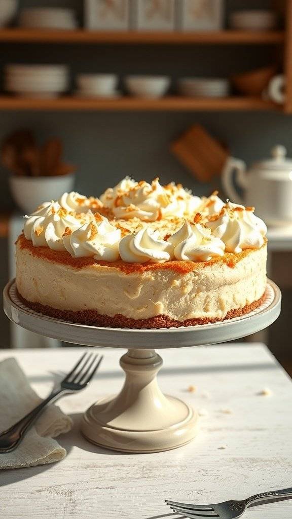 A beautifully crafted coconut cream pie topped with whipped cream and toasted coconut.