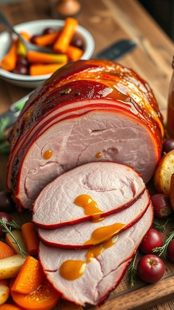 A beautifully glazed ham with slices revealing a juicy interior, surrounded by colorful vegetables.