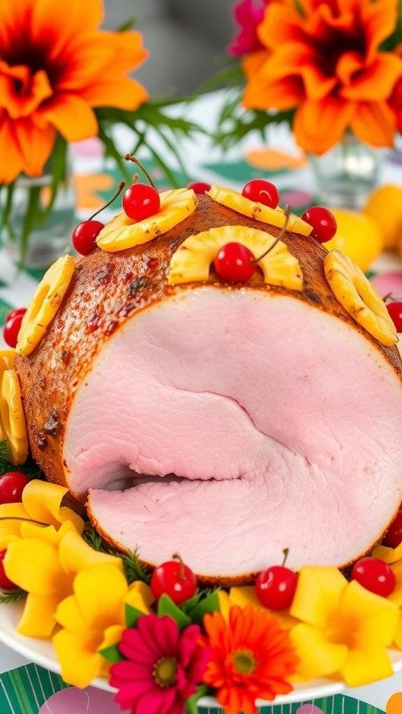 A beautifully decorated ham with pineapple rings and cherries, surrounded by vibrant flowers, perfect for Easter celebrations.