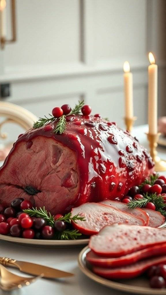 A beautifully glazed ham with cranberry sauce, garnished with fresh cranberries and herbs, set on a festive table.