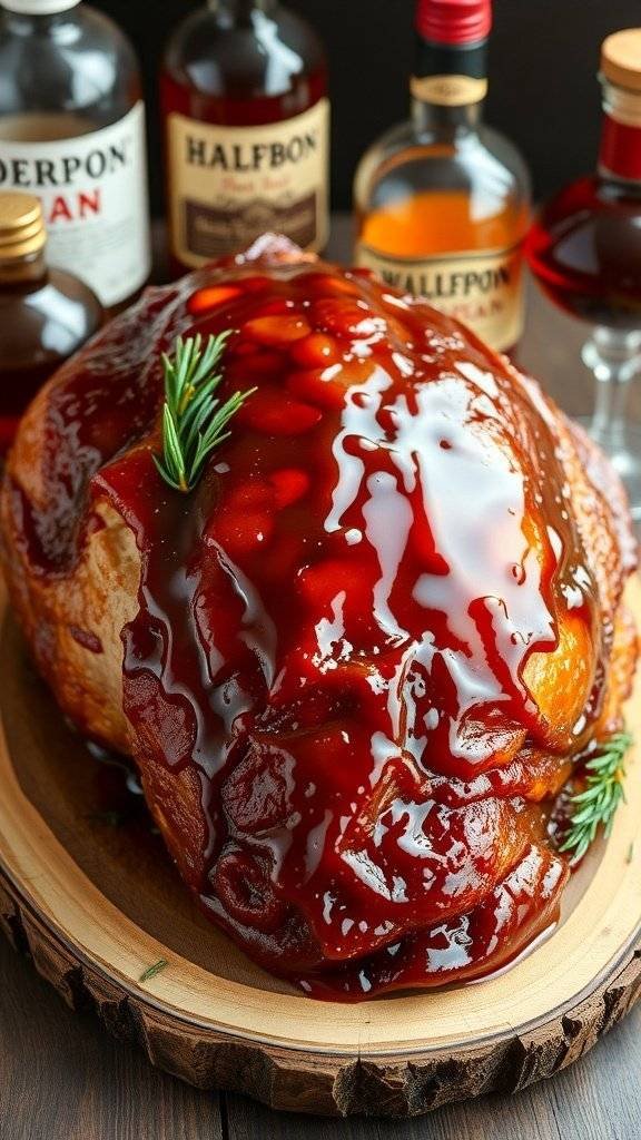 A beautifully glazed ham with bourbon sauce, sliced and presented on a wooden board with bourbon bottles in the background.