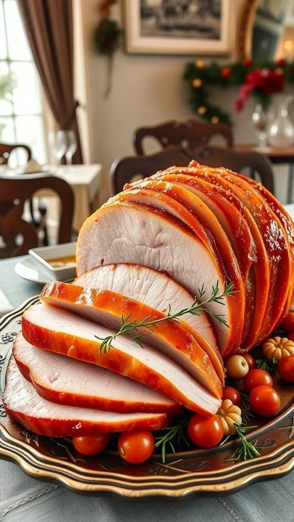 A beautifully glazed ham sliced and garnished with cherry tomatoes and herbs, perfect for an Easter celebration.