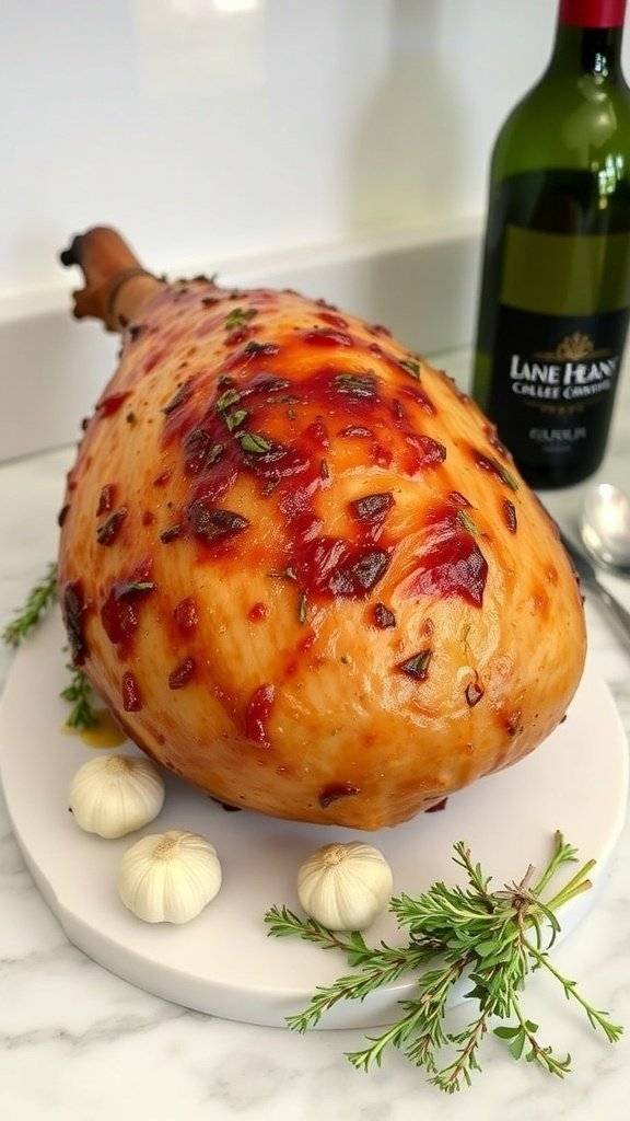A beautifully glazed garlic and herb ham with fresh herbs and garlic, ready for serving.
