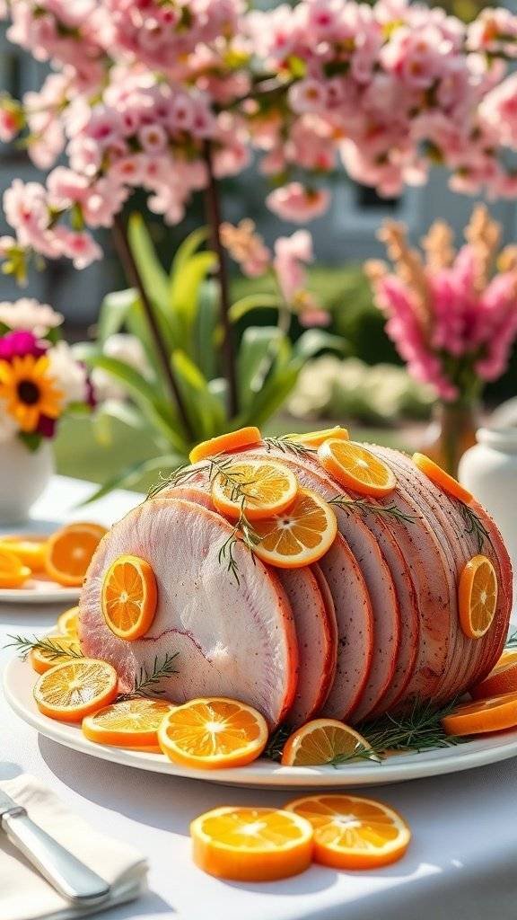 A beautifully presented citrus-infused ham garnished with orange slices and herbs, set against a backdrop of spring flowers.