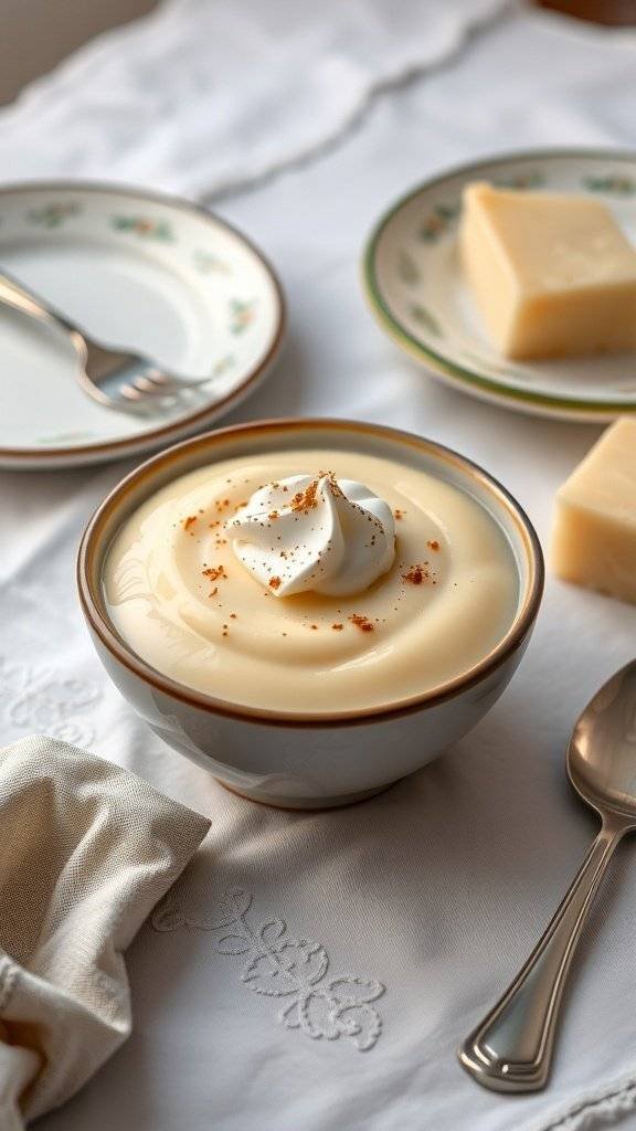 A bowl of homemade vanilla pudding topped with whipped cream and a sprinkle of nutmeg, surrounded by plates and butter.
