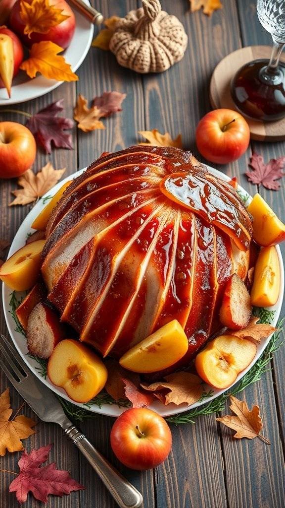 Maple-glazed ham with apples, beautifully presented with autumn leaves.