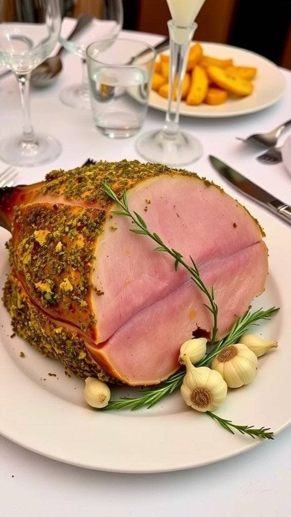 A beautifully cooked herb and garlic crusted ham on a serving platter, garnished with garlic and herbs.