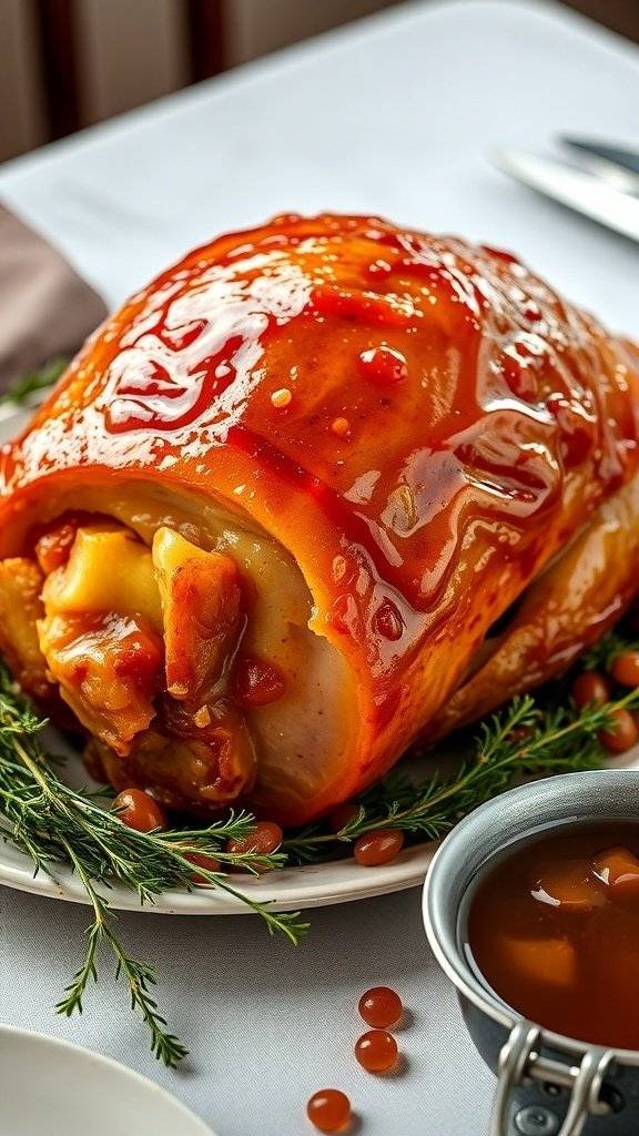 A beautifully glazed ham with honey and thyme, garnished with fresh herbs.