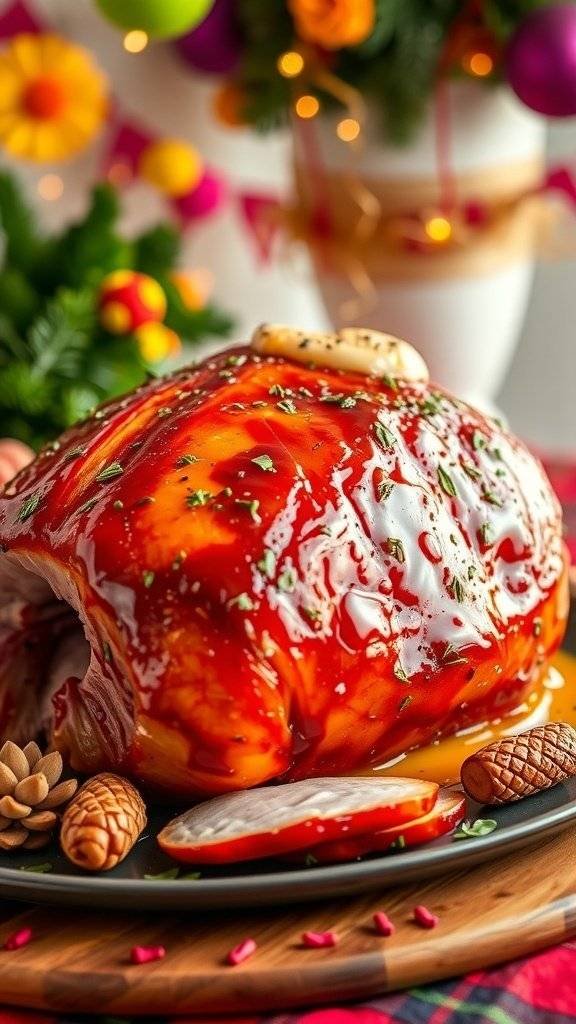 A beautifully glazed ham with a sweet and spicy glaze, garnished with parsley and surrounded by festive decorations.