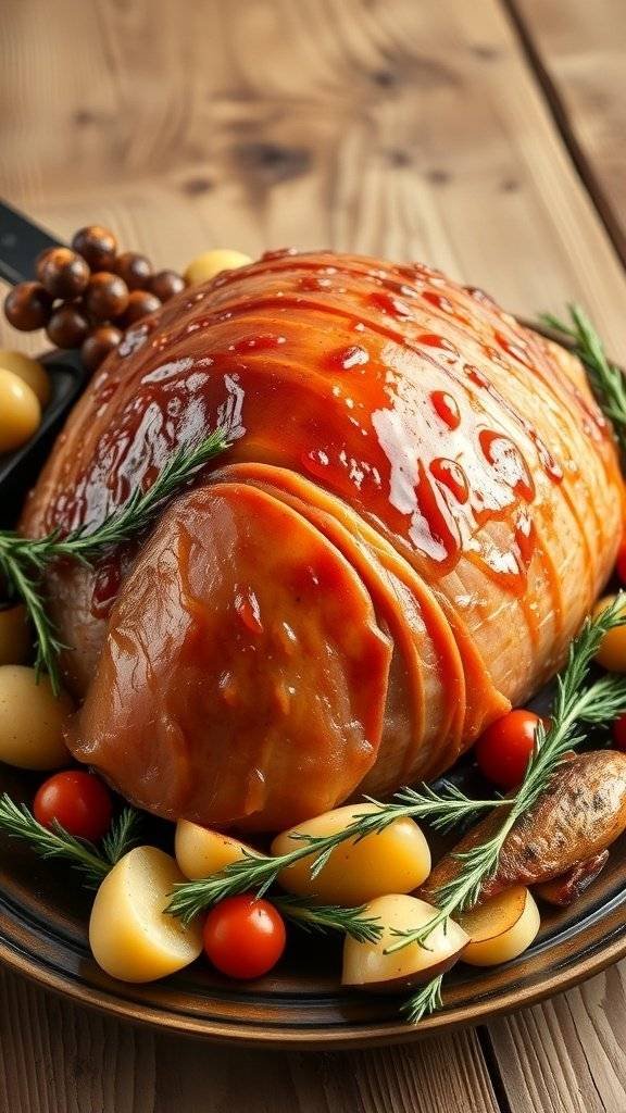 A beautifully glazed ham with mustard and brown sugar, surrounded by baby potatoes and cherry tomatoes.