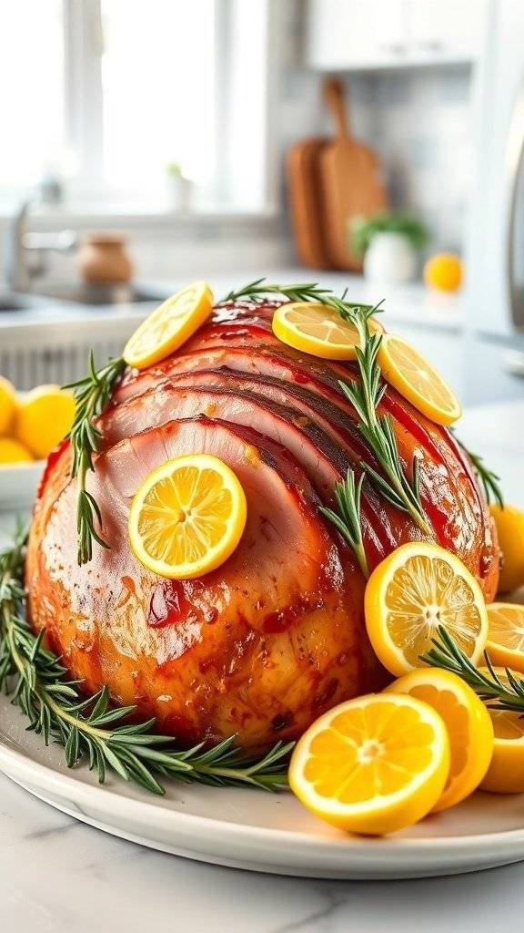 A beautifully glazed ham with lemon slices and rosemary, perfect for an Easter celebration.