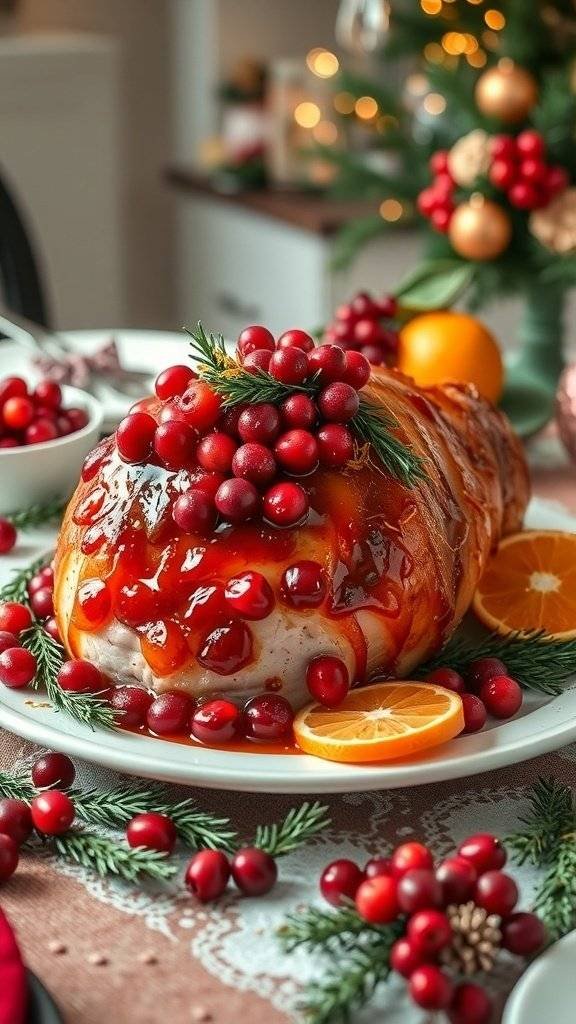 A beautifully glazed ham topped with cranberries and orange slices, set on a festive table.