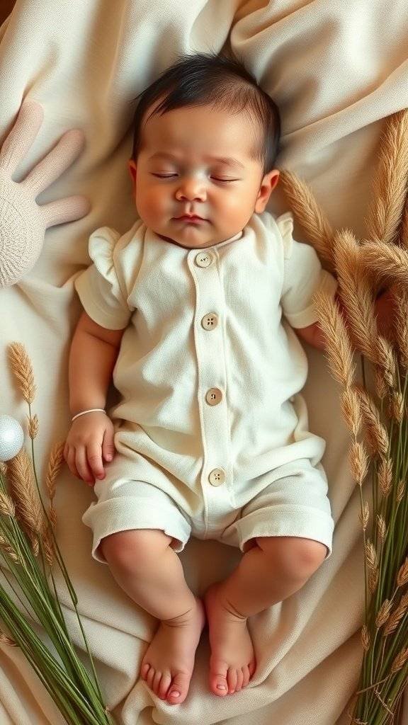 Newborn baby in a soft linen romper with a headband, resting on a light fabric.