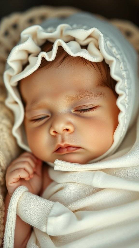 A peaceful newborn wearing a soft white bonnet with ruffles, wrapped in a cozy blanket.