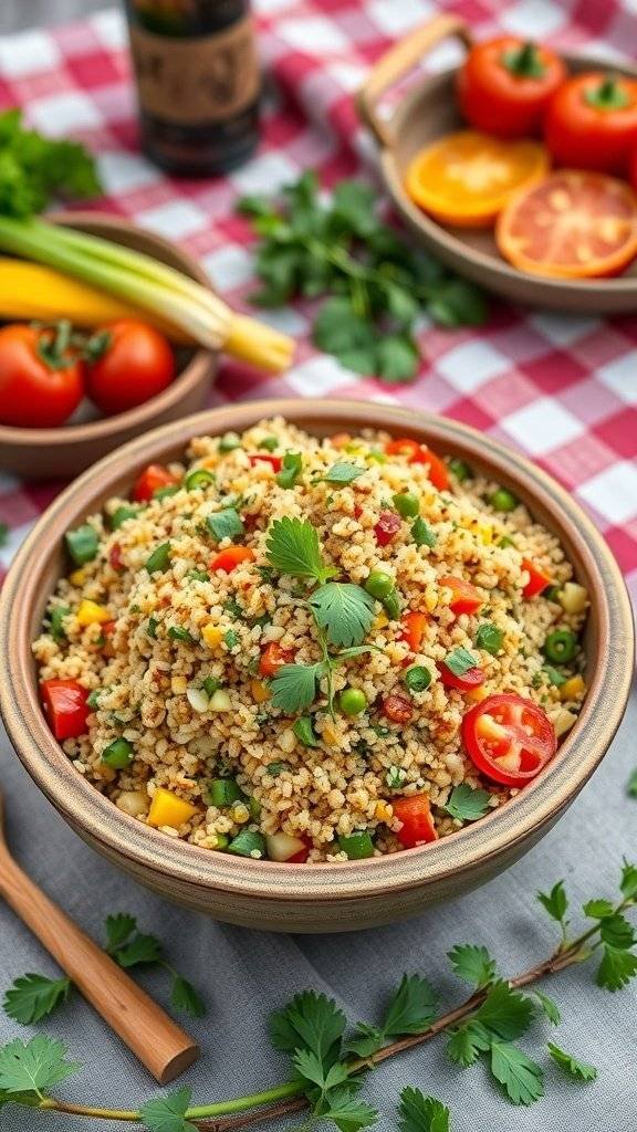 A colorful quinoa salad with fresh vegetables, garnished with cilantro.