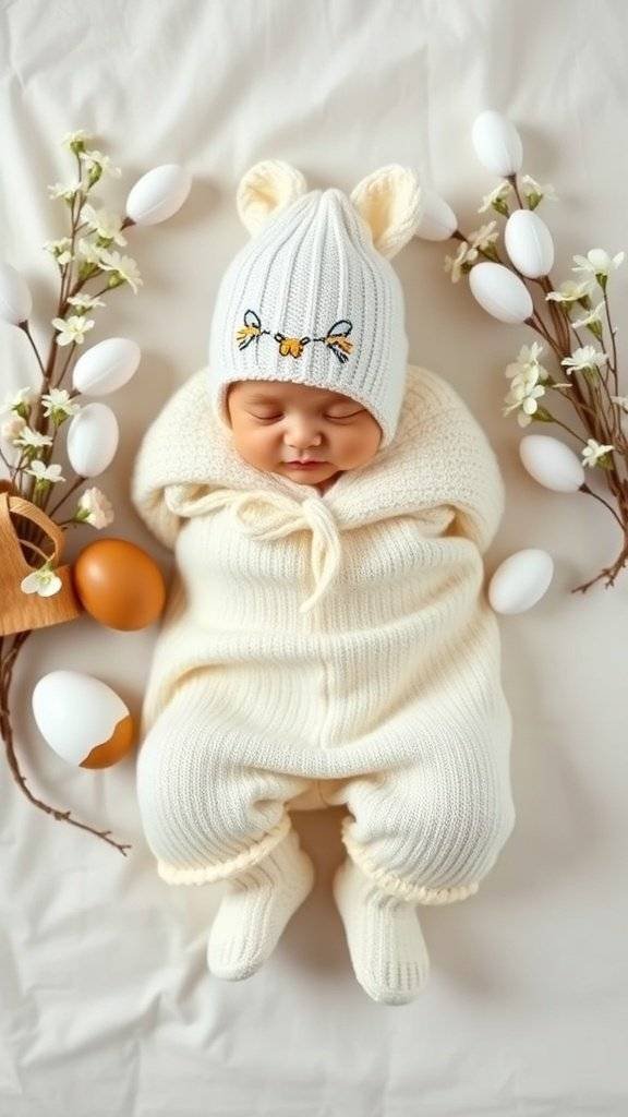 Flat lay of a neutral newborn Easter outfit featuring a cream onesie with bunny ears, surrounded by decorative eggs and flowers.
