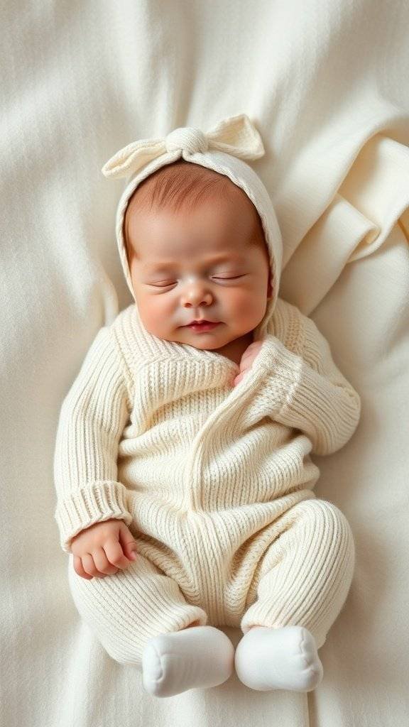 A newborn wearing a soft cream knit romper and a matching bow headband, peacefully sleeping on a light blanket.