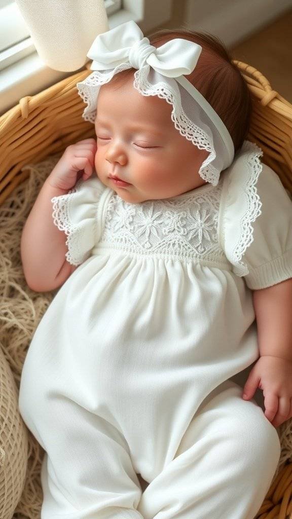 A newborn dressed in a delicate lace Easter outfit with bunny ears, resting peacefully.