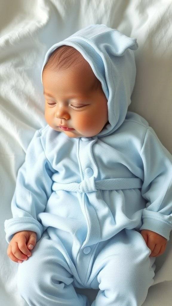 A sleeping newborn in a pale blue outfit with bunny ears, surrounded by pastel eggs.