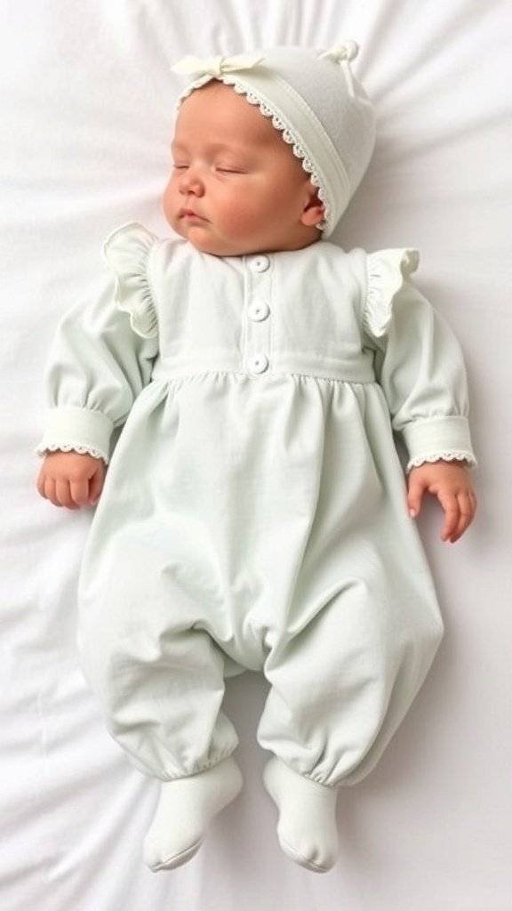 Newborn in a white outfit with a pink flower hat, surrounded by flowers and Easter decorations.