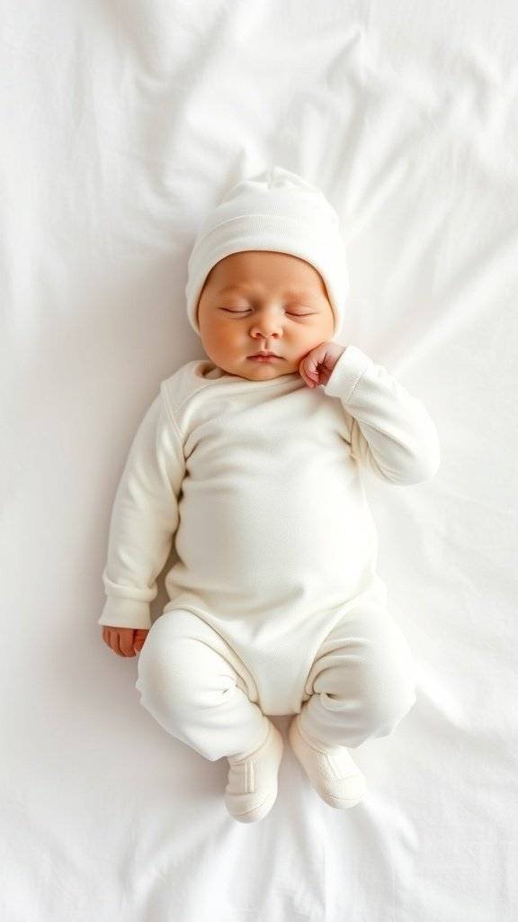 A sleeping newborn in a soft white cotton onesie and hat, lying on a light background.
