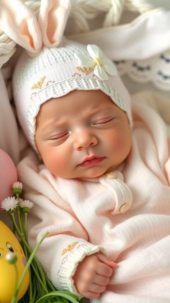 Newborn in a pastel pink outfit with bunny ears hat, surrounded by Easter eggs and flowers.