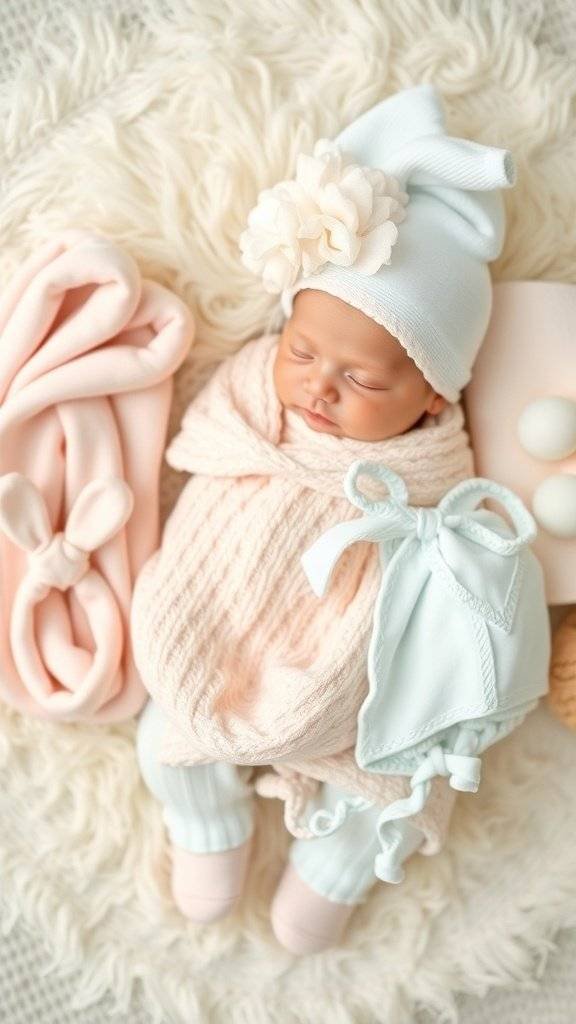 Newborn in a soft cream outfit with bunny ears, surrounded by pastel eggs on a cozy blanket.