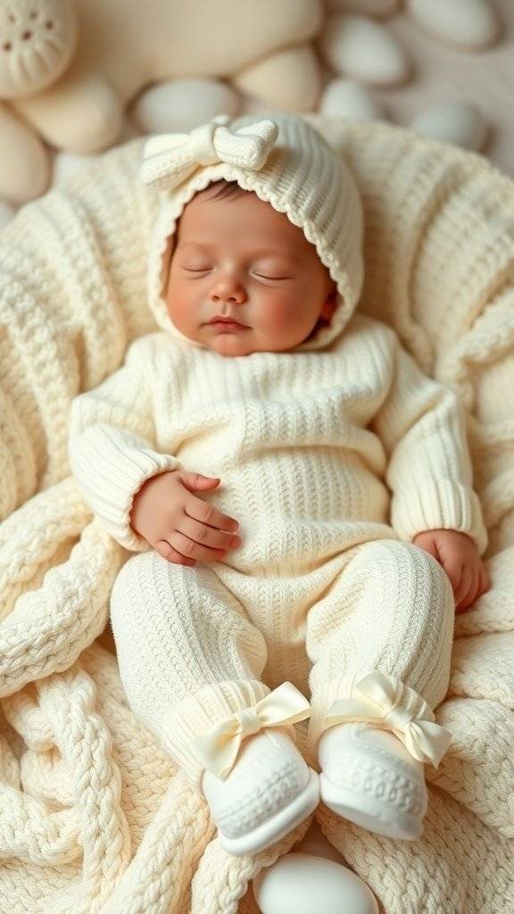 A newborn dressed in a cream-colored knit outfit with matching booties and a bow on the hat, resting on a soft blanket.