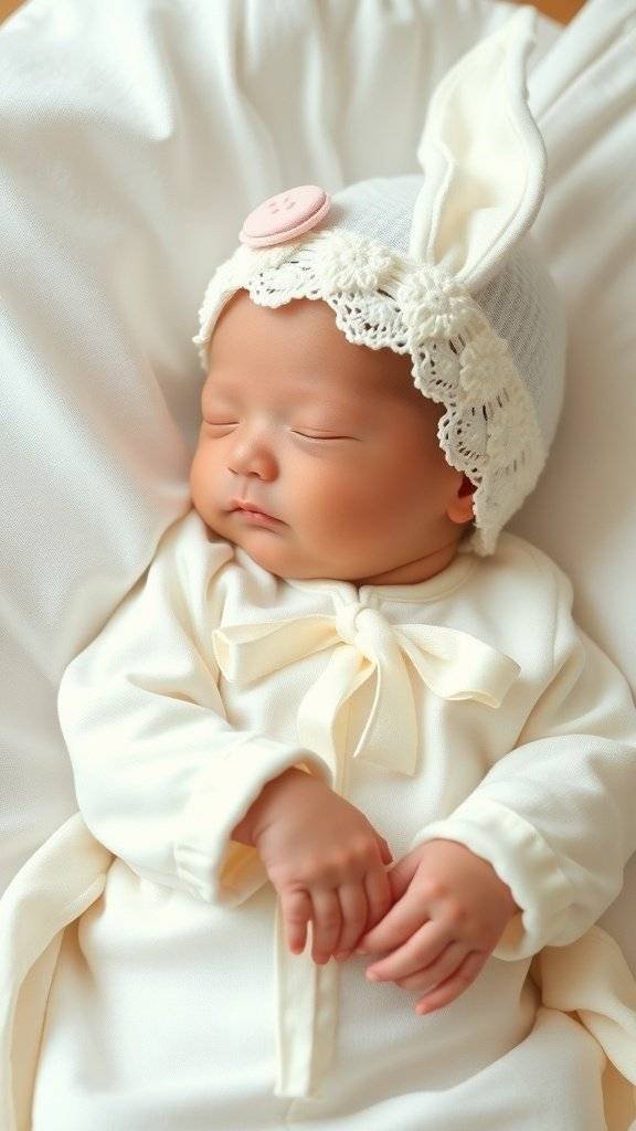 Newborn baby sleeping in a white outfit with a bunny hat