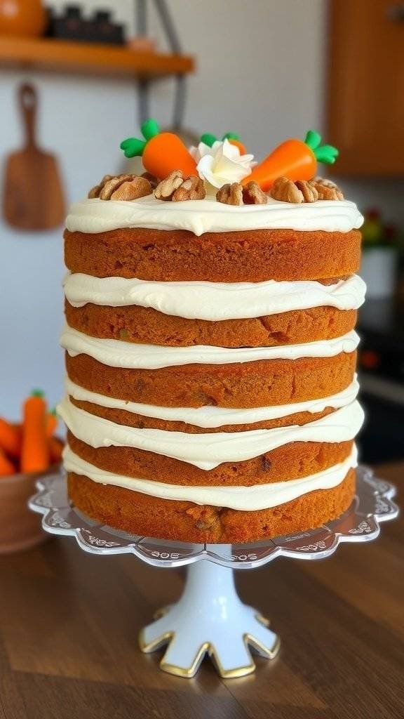 A three-layer carrot cake with cream cheese frosting, decorated with walnuts and small carrot decorations.