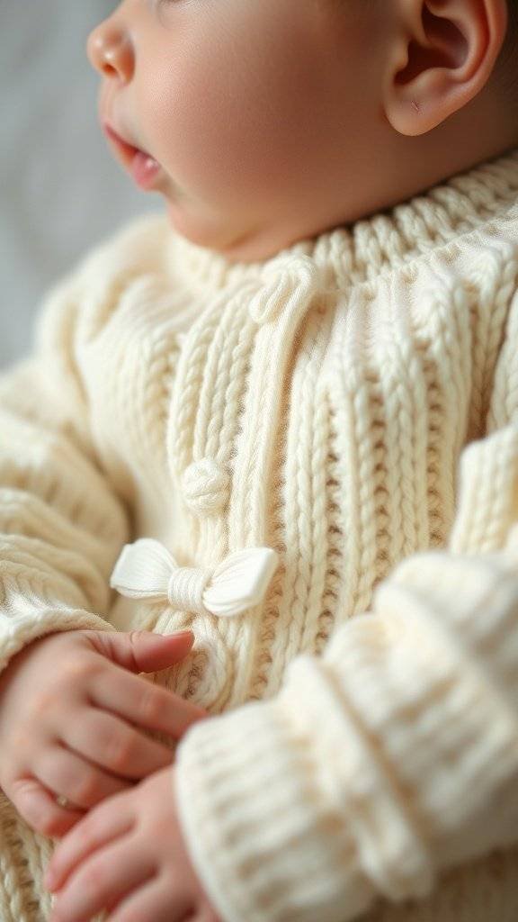 Close-up of a soft knit newborn outfit featuring a bow detail.